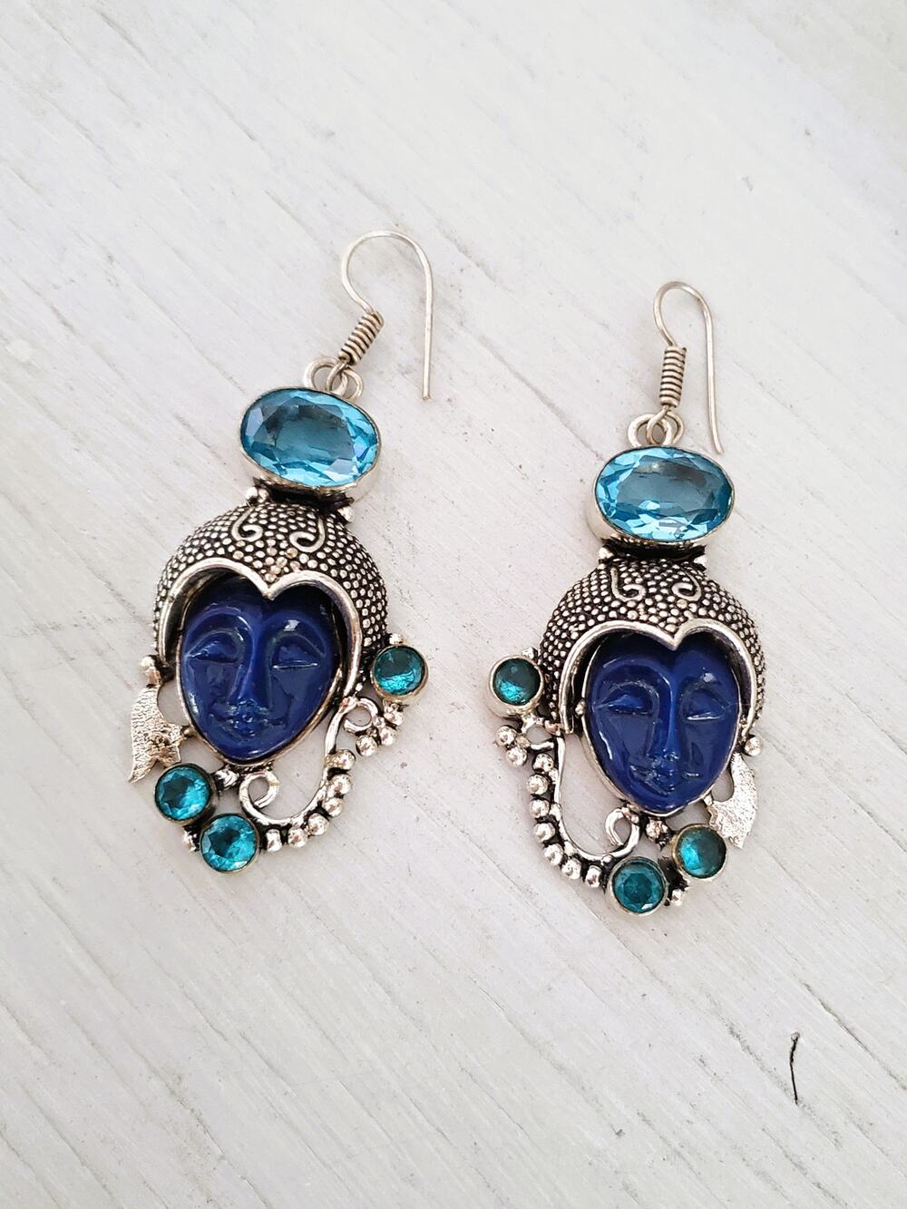 Sterling Silver Balinese Goddess Blue Face Topaz Statement Earrings